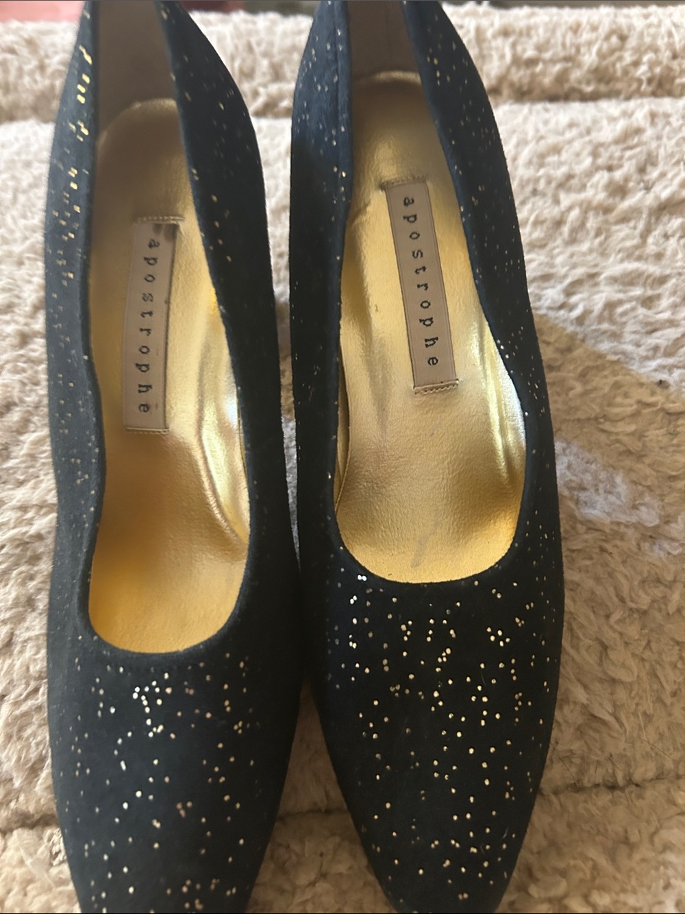 Apostrophe Black Suede Pumps with Gold Insole and Speckle